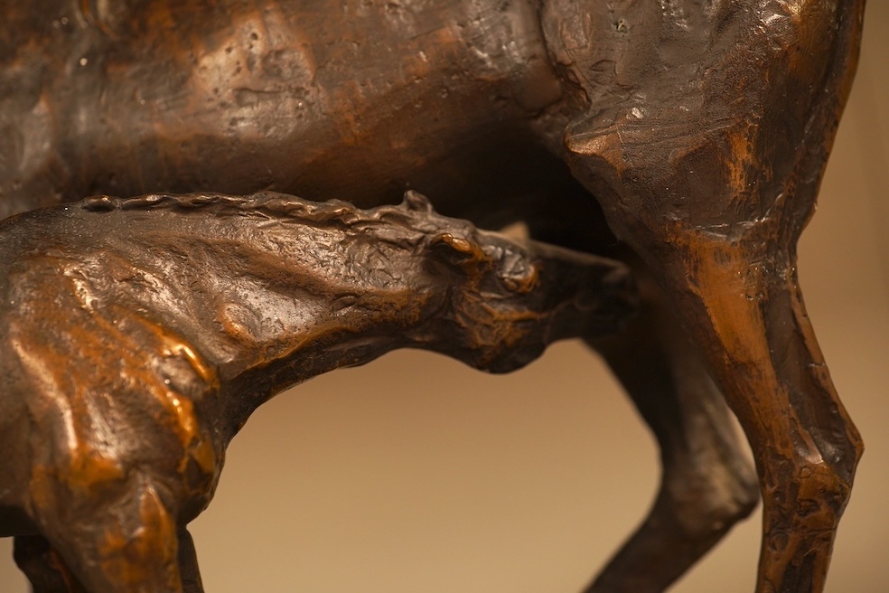 After C. Fratin, bronze study of a horse and foal, signed, on marble plinth, 29cm wide